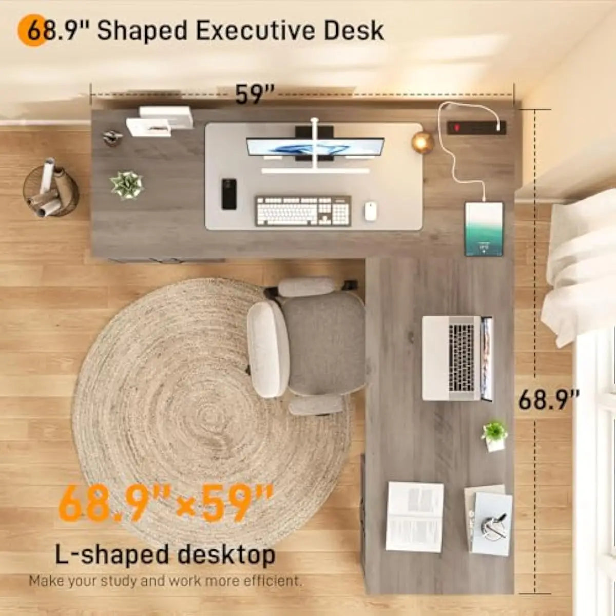 L Shaped Modern Desk with 4 Large Drawers Built-in Power Hub