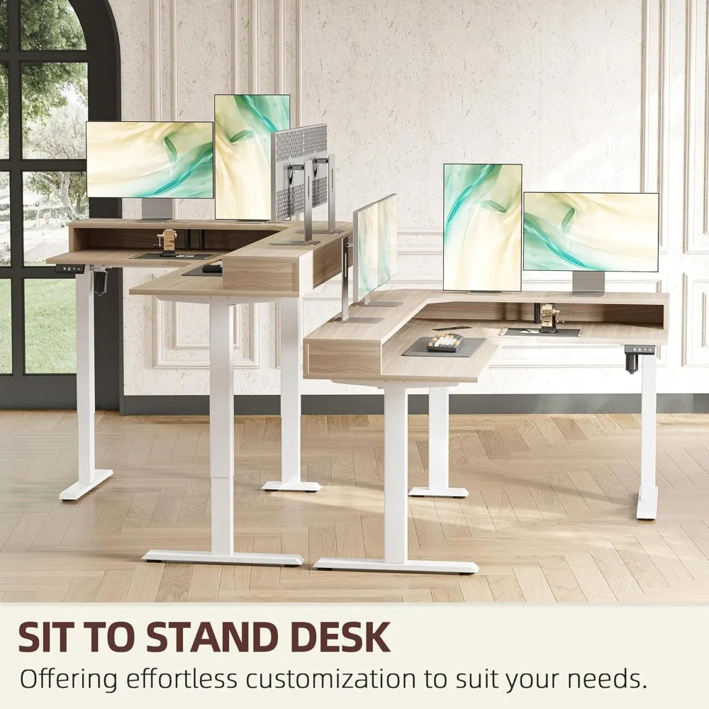 63'' L-Shaped Standing Desk with LED Light Strip and Power Outlet