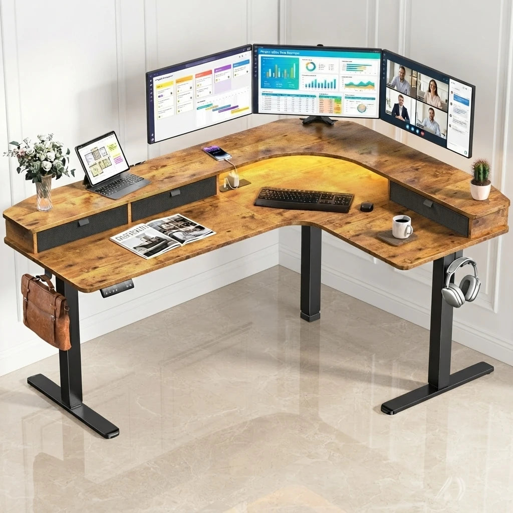 65" L‑Shaped Electric Standing Desk with 3 Drawers, Height Adjustable