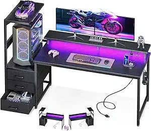59 Inch Gaming Desk with USB Charging Ports, LED Light & Monitor Stand