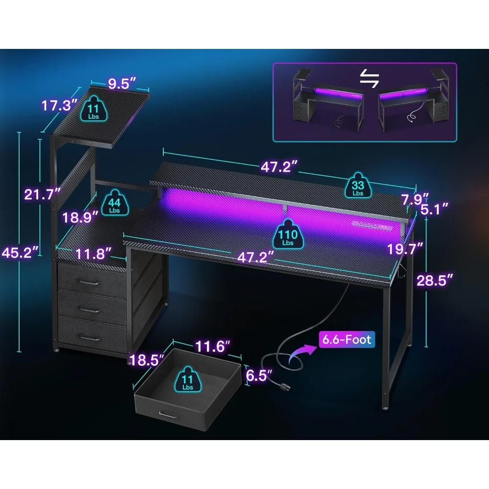59 Inch Gaming Desk with USB Charging Ports, LED Light & Monitor Stand