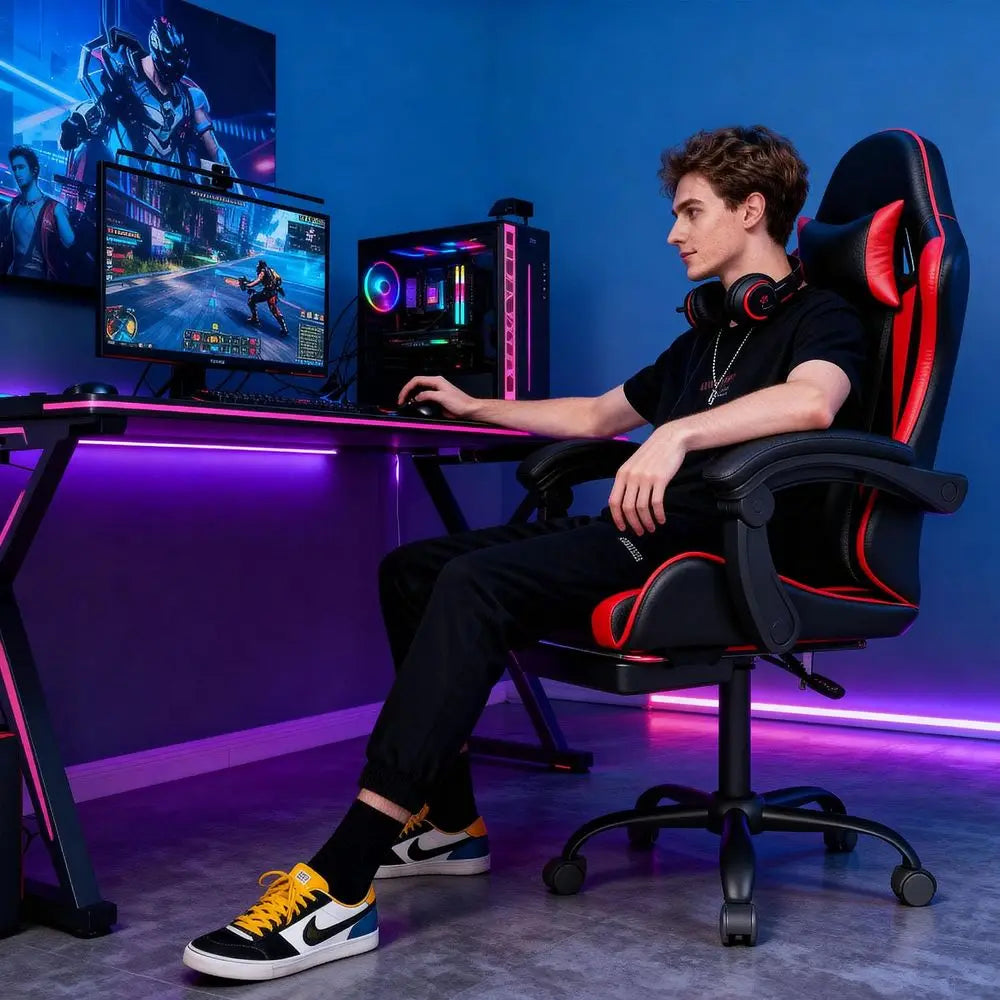 Gaming Chair with Headrest and Lumbar Support, Racing Style