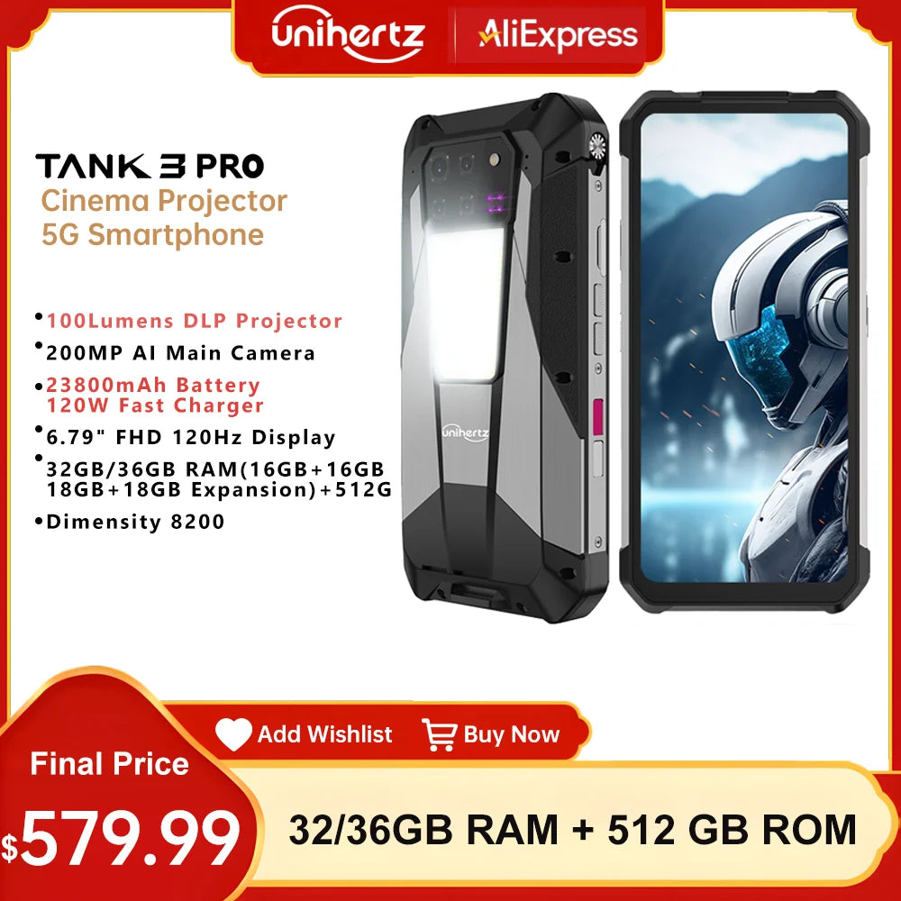 Unihertz 8849Tank 3 Pro Rugged Smartphone with 100 Lumens Projector