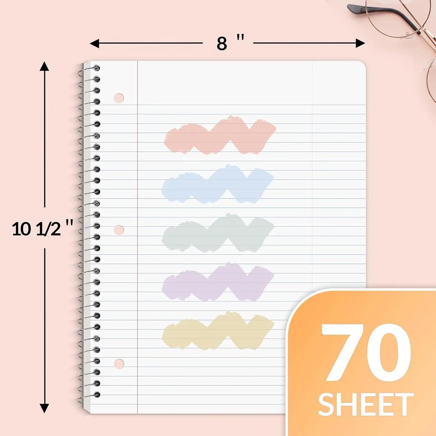 Spiral Notebooks, 5 Pack, College Ruled Paper, 8x10.5 Inch, 70 Sheets