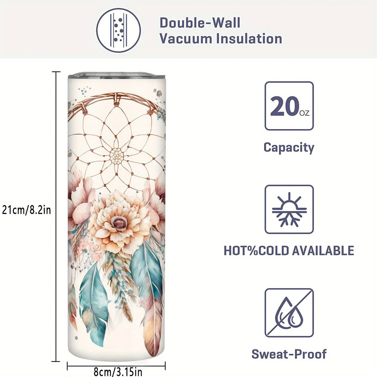 Dreamcatcher Boho Feathers & Flowers 20oz Tumbler - Stainless Steel