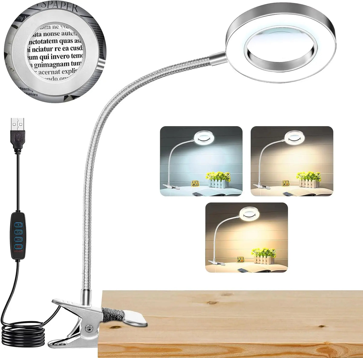 LED Clip-On Magnifying Desk Lamp 5X Magnifier USB Powered 3 Colors 10 Levels