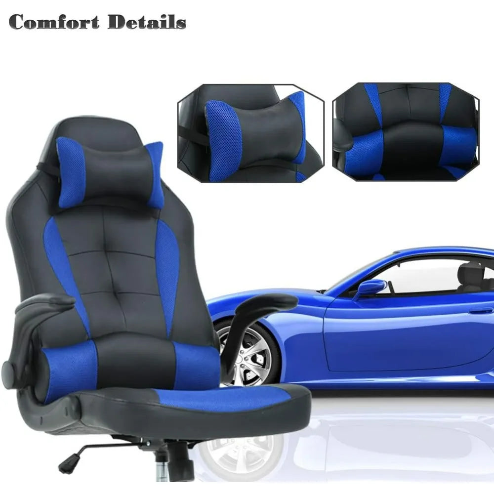 Gaming Chair Blue High Back PU Leather Lumbar Support