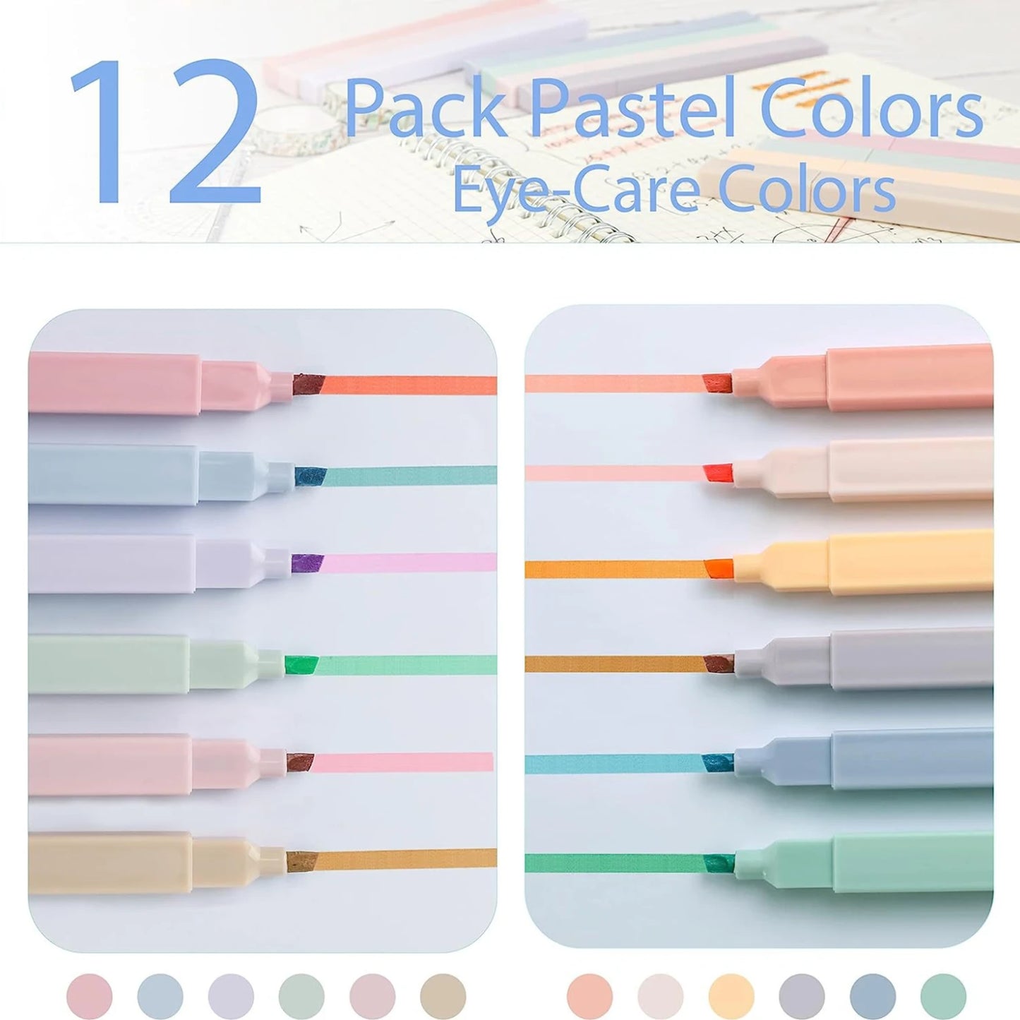 Highlighters Cute Pastel Pens 12 Colors No Bleed with Soft Tip