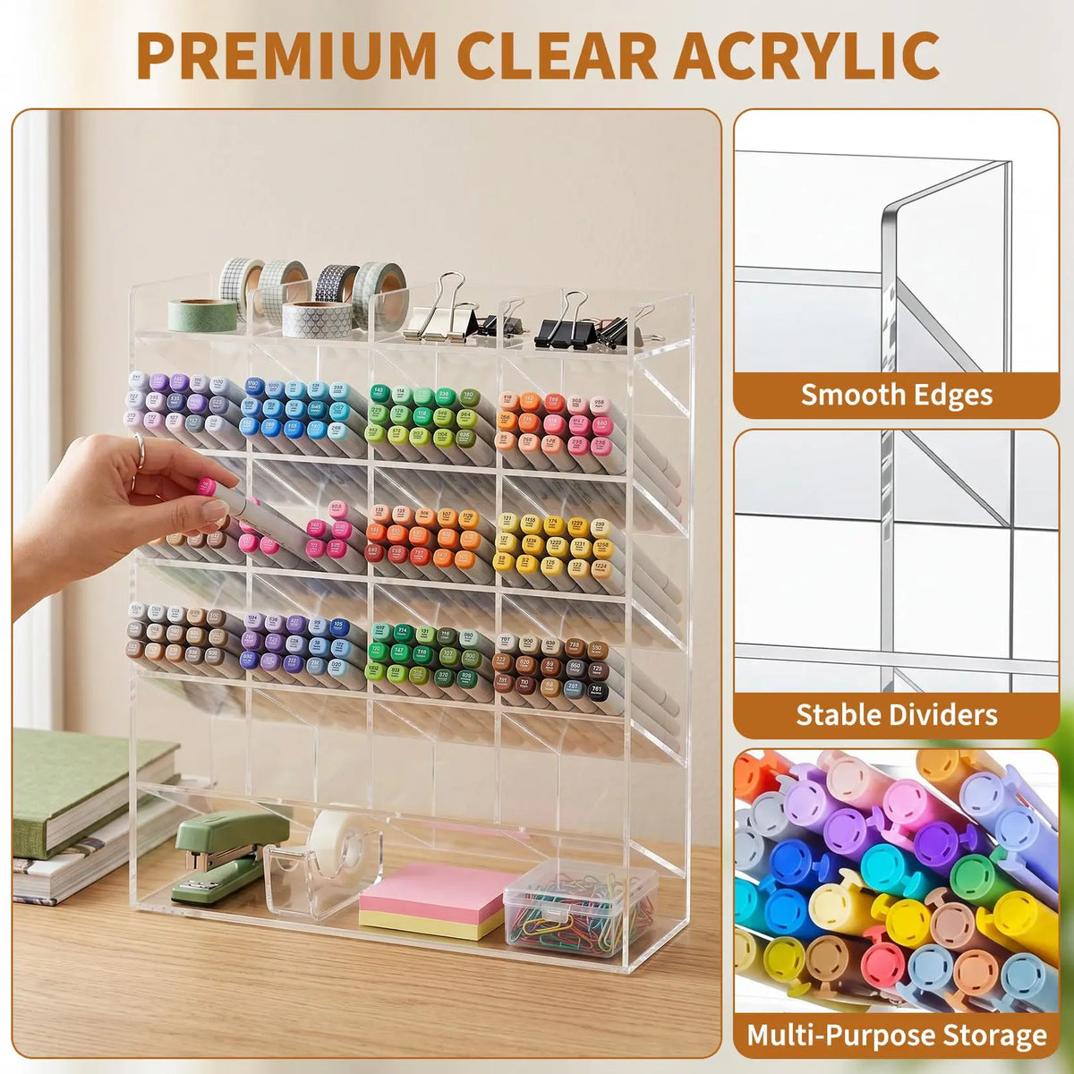 Acrylic Pen Holder Multi Compartment Marker Organizer 1Pc For Office