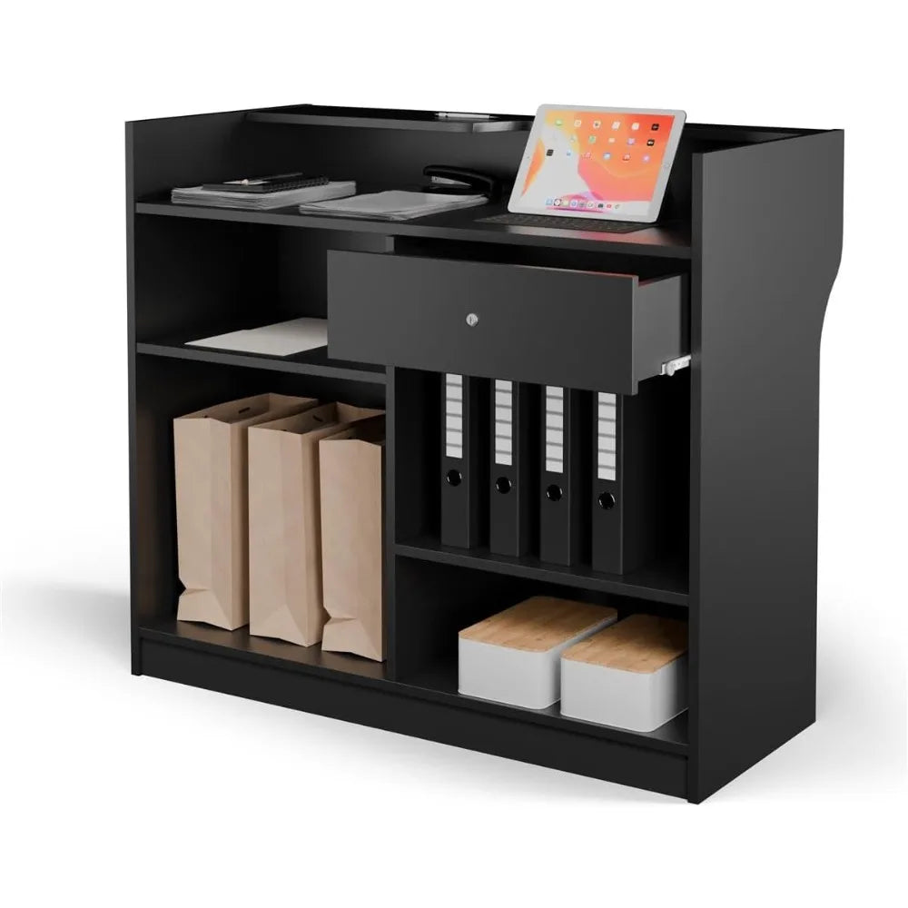 Free-Standing Black Melamine Register Stand, with Adjustable Shelves