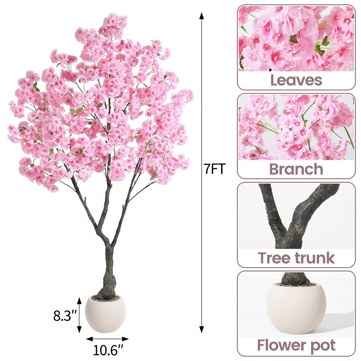 Artificial Cherry Blossom Tree with White Planter & Adjustable Branches