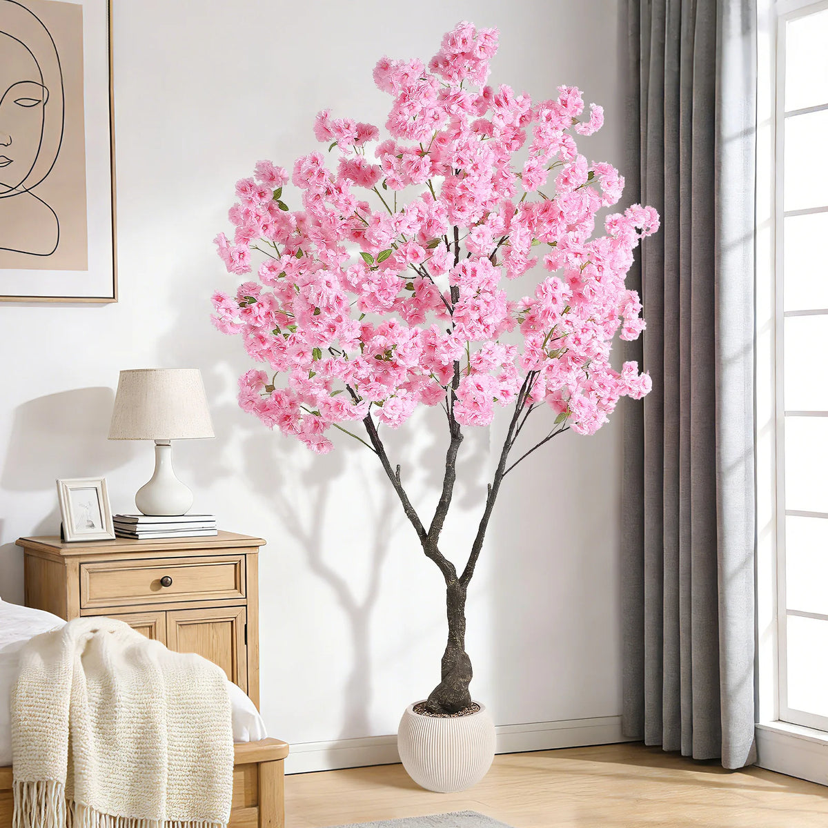 Artificial Cherry Blossom Tree with White Planter & Adjustable Branches
