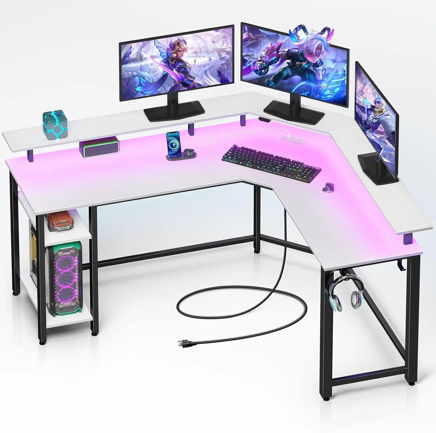 HOT-L Shaped Gaming Desk With LED Lights & Power Outlets, 46.2"