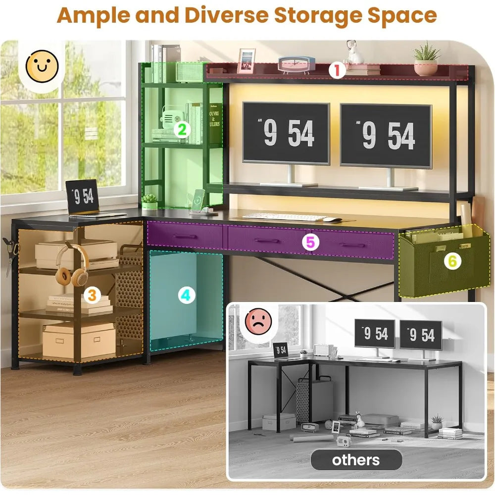 55 L Shaped Gaming Desk with Hutch, Drawers, Shelves and Storage