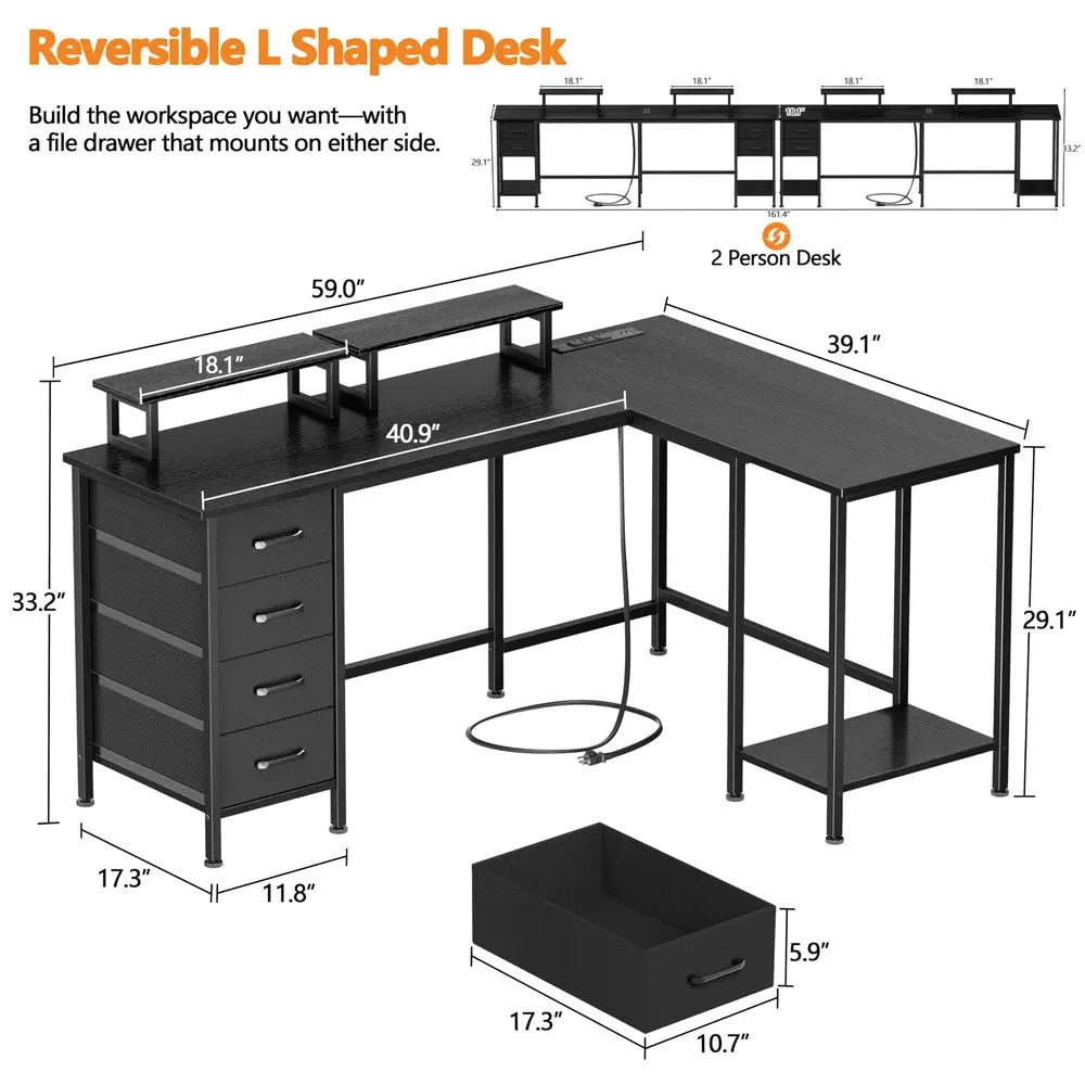 59 inch L Shaped Computer Desk with Power Outlets