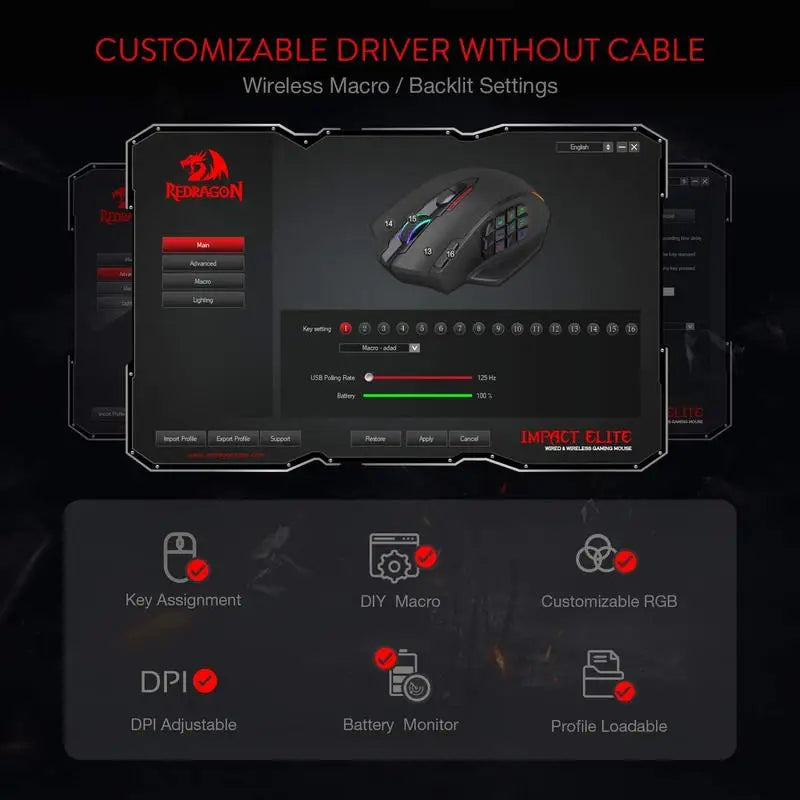 Redragon M913 16000 DPI Wired 2.4Ghz Wireless Gamer Mice 16 Buttons