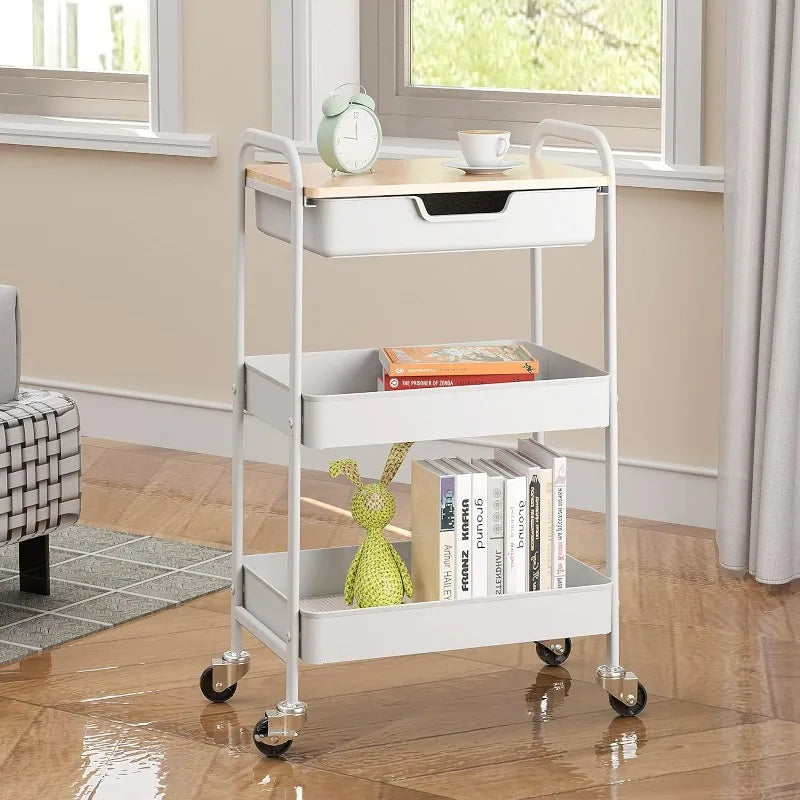 3-Tier Utility Rolling Cart with Wooden Board and Drawer