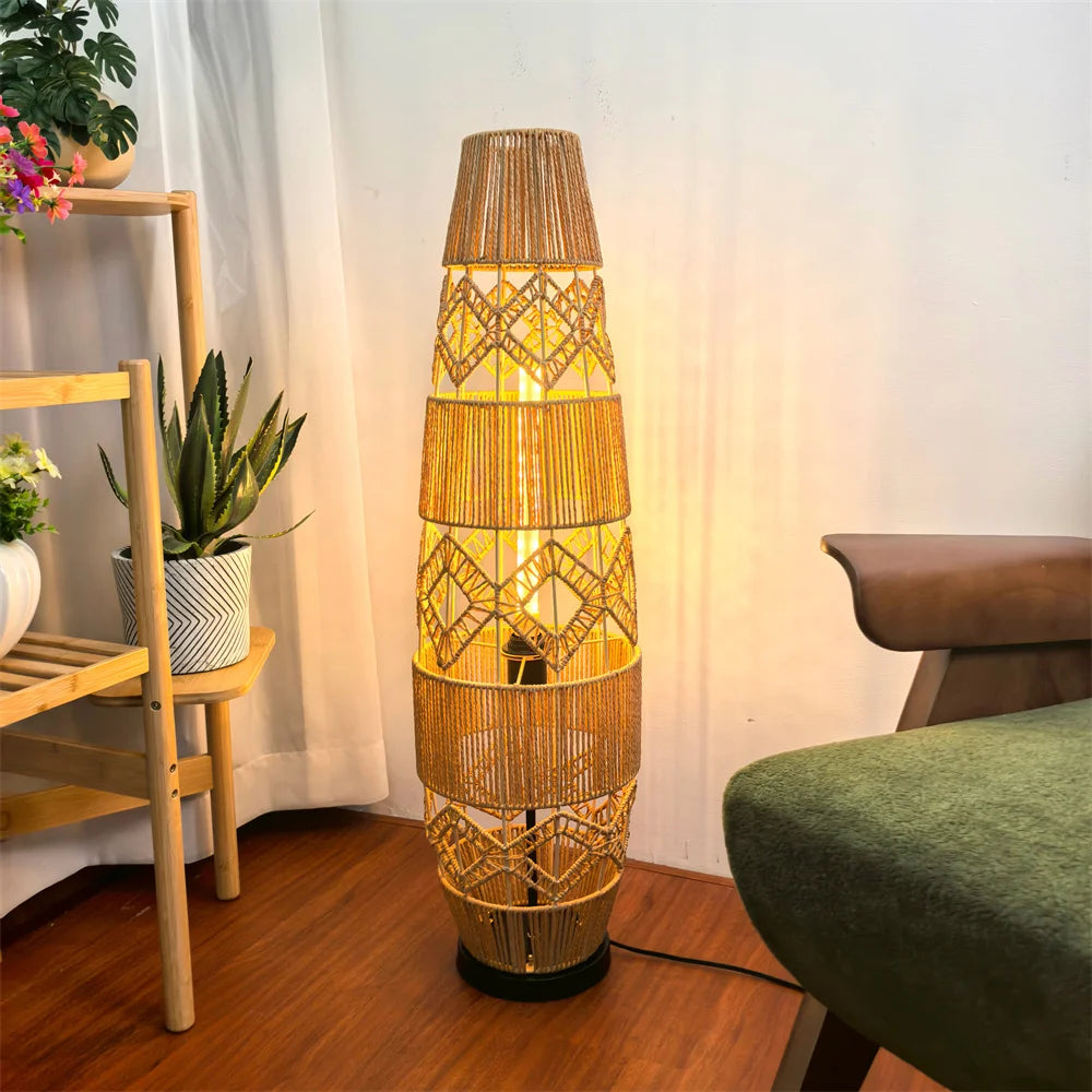 Tall Vintage Wicker Floor Lamp Woven Cane Rattan Art Ethnic LED