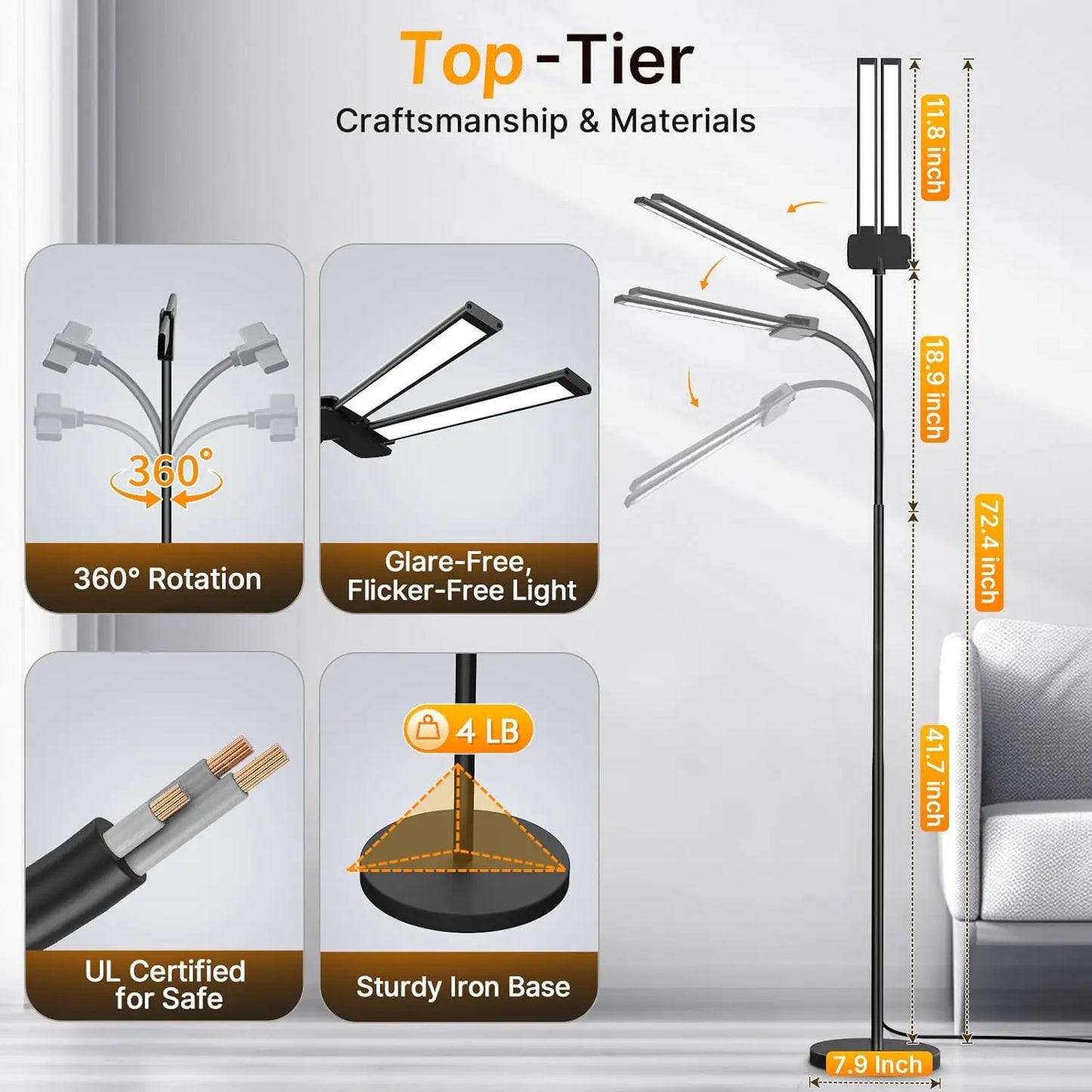 14W 2000LM LED Floor Lamp with Gesture & Remote Control, Dual Head