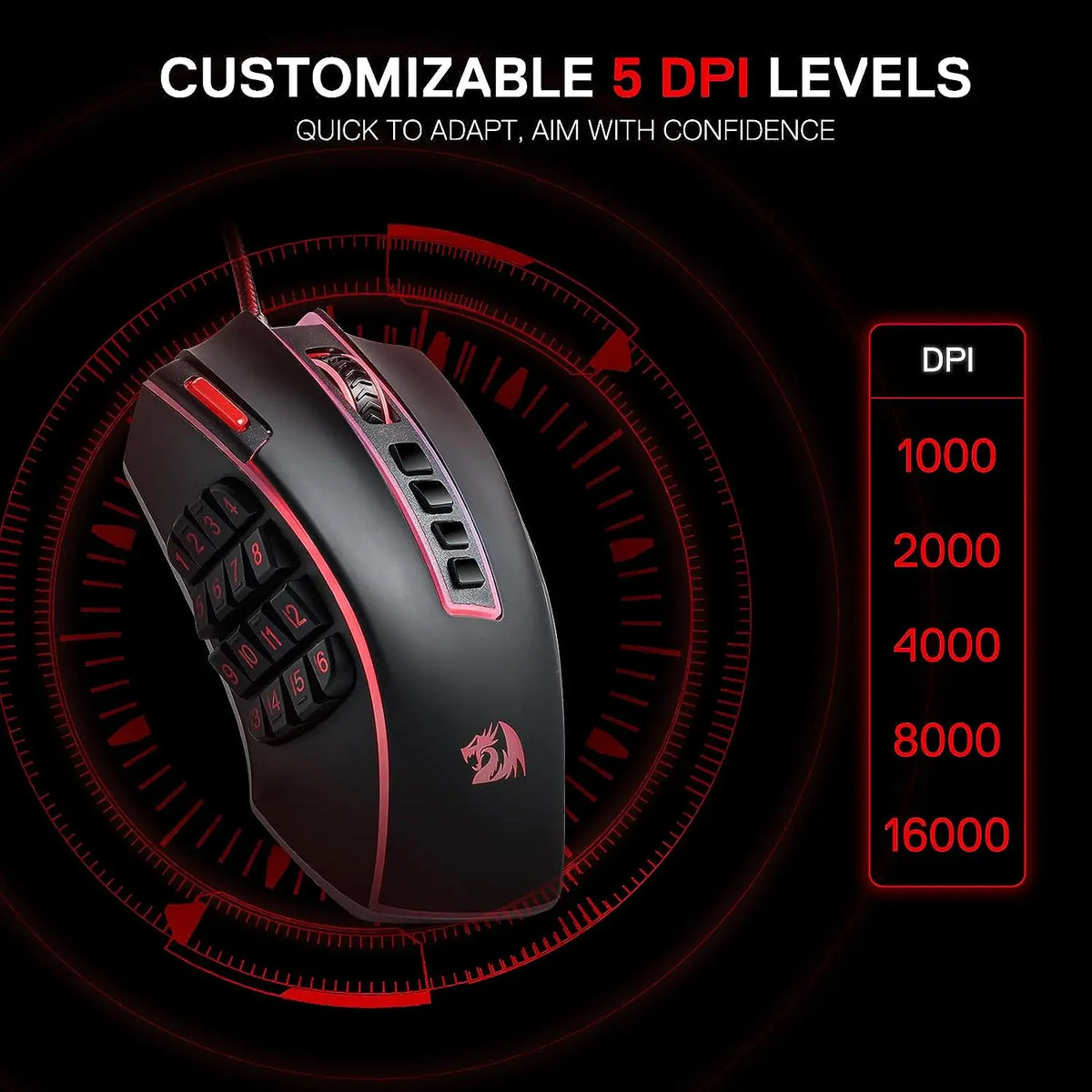 Redragon M990 MMO Gaming Mouse, 32000 DPI RGB, 16 Side Macro Keys