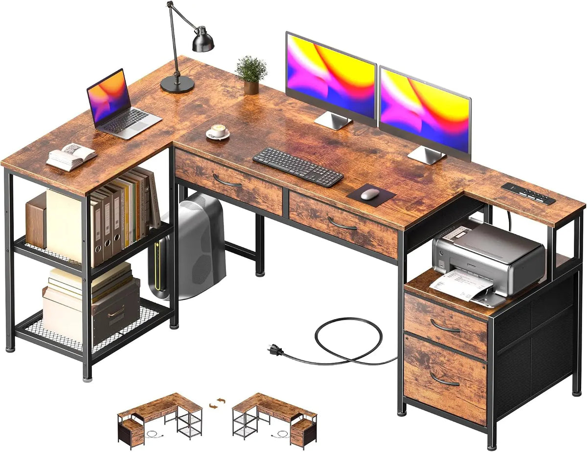 57" L Shaped Computer Desk with Power Outlet, Drawers, Rustic Brown