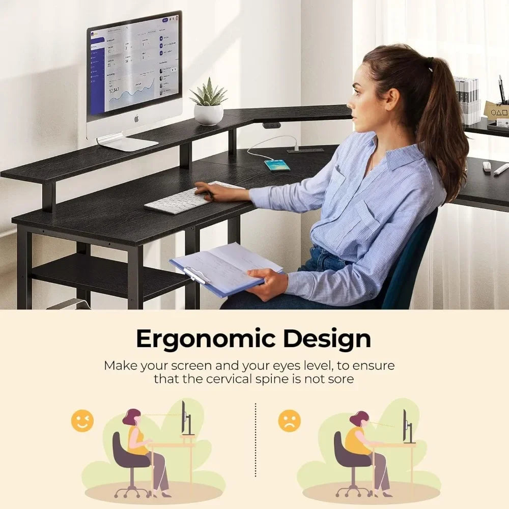 HOT-L Shaped Gaming Desk With LED Lights & Power Outlets, 46.2"