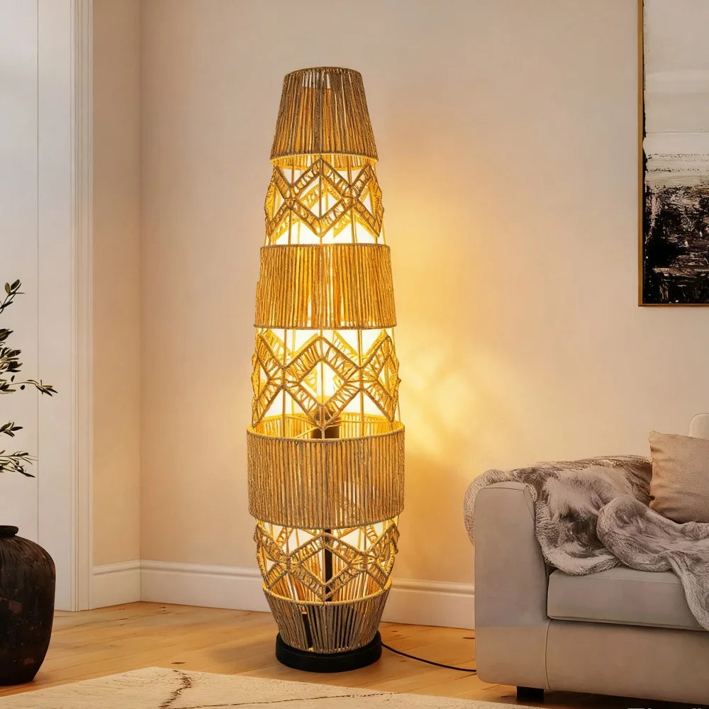 Tall Vintage Wicker Floor Lamp Woven Cane Rattan Art Ethnic LED