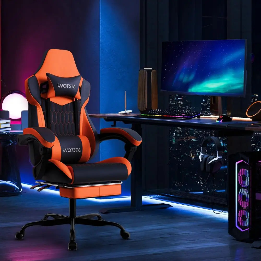 Chair with Footrest, PVC Leather with Adjustable Headrest Lumbar Support