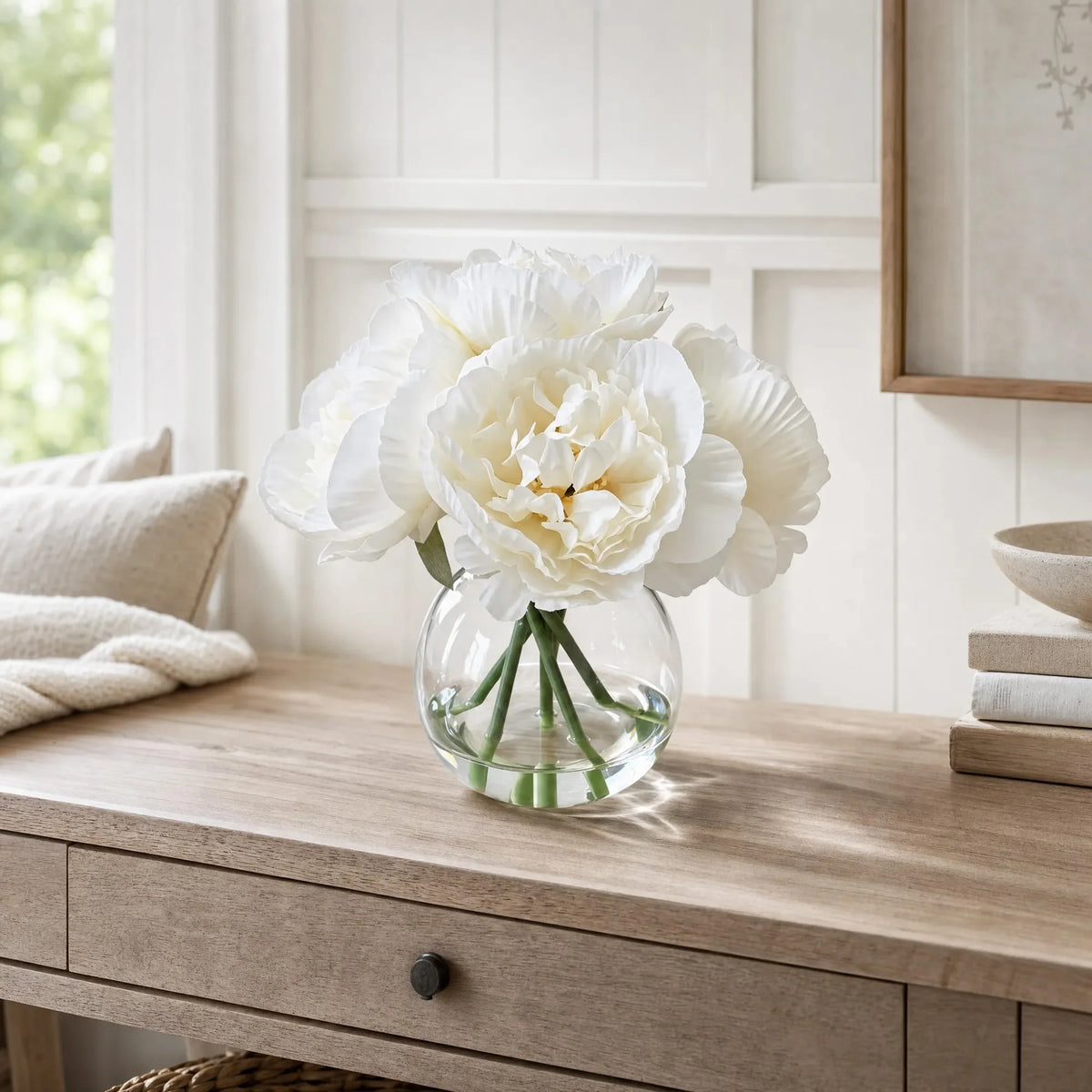 Realistic Artificial Peony Bouquet In Clear Glass Vase