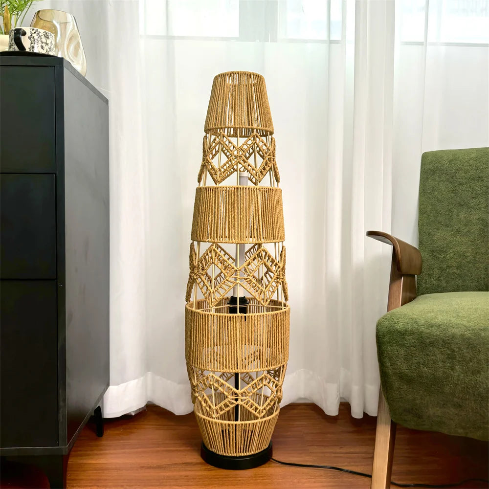 Tall Vintage Wicker Floor Lamp Woven Cane Rattan Art Ethnic LED