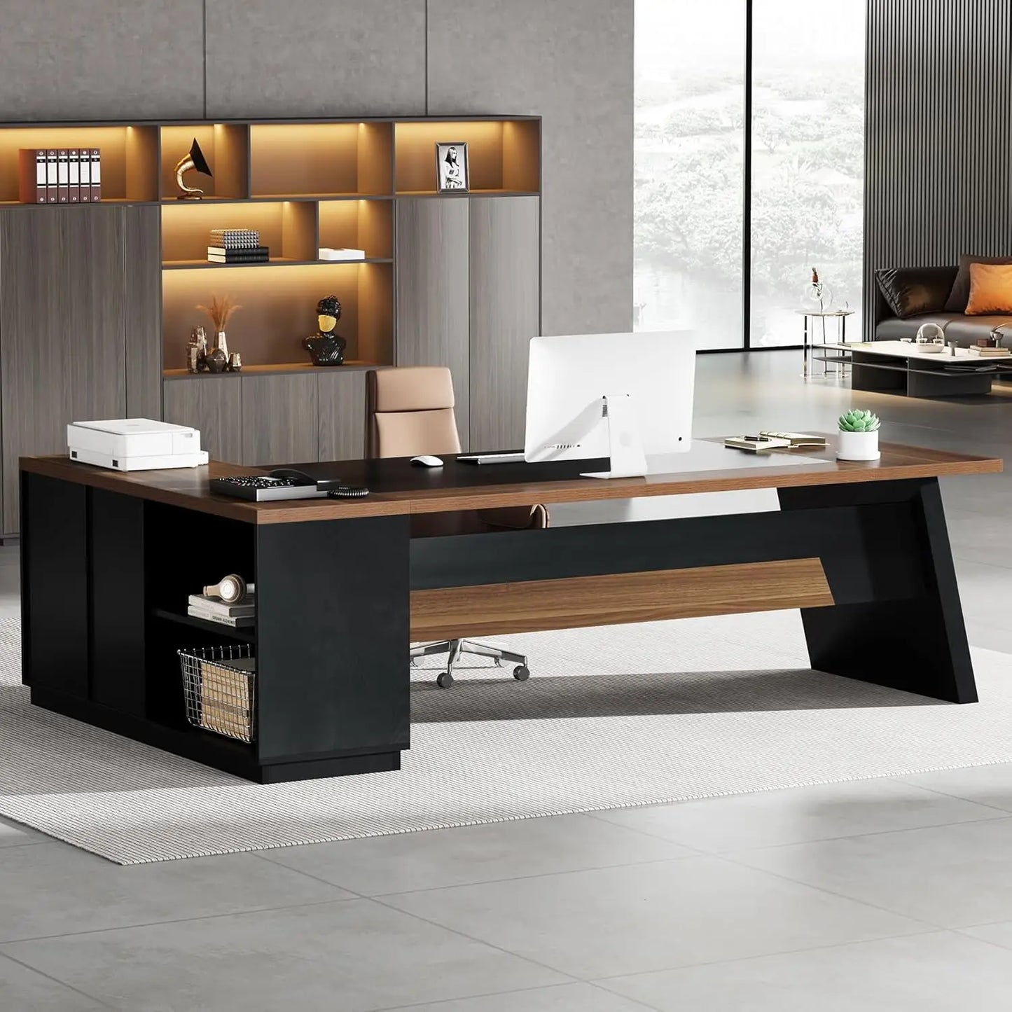 78" L-Shaped Desk, Modern Executive Desk with Drawers