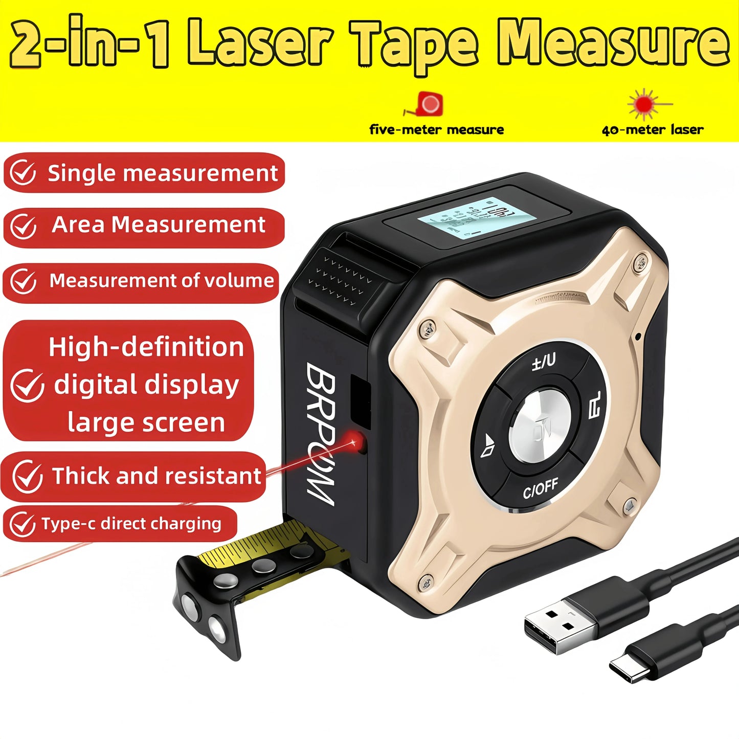 50m Laser 5m Steel Tape Measure - Digital Display Hook Loop 1PC