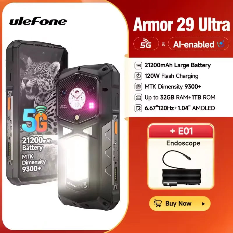 Ulefone Armor 29 Ultra 5G Rugged Smartphone 16GB+1TB MTK 9300+ 21200mAh