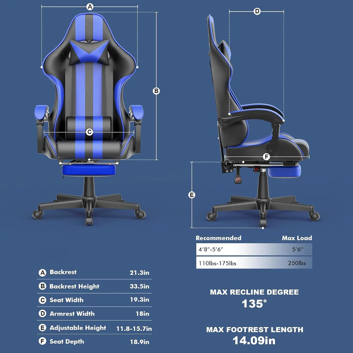 Gaming Chair with Footrest, Adjustable with Pillow, Racing Style