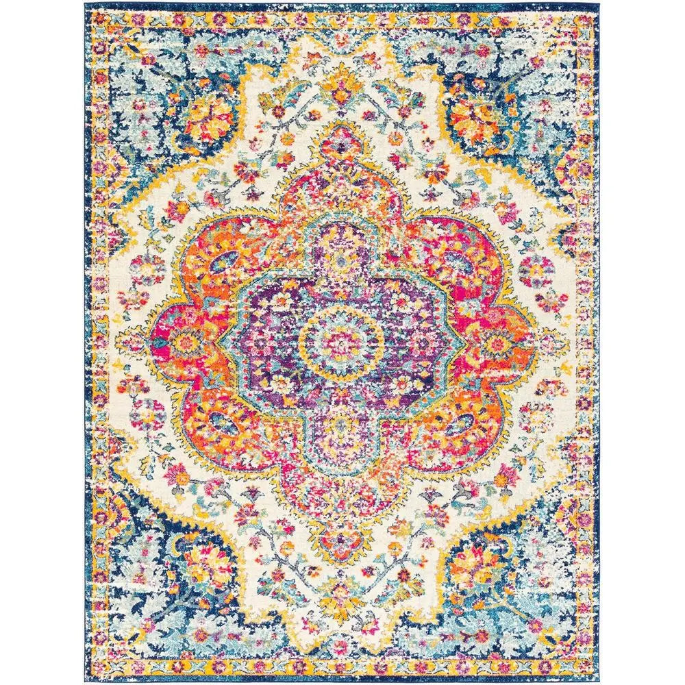 Vintage Boho Fuchsia Mustard Blue Floral Medallion Area Rug, 7x9
