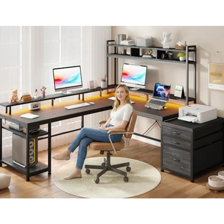 64 x 60 Inches L Shaped Desk with Hutch and Drawers