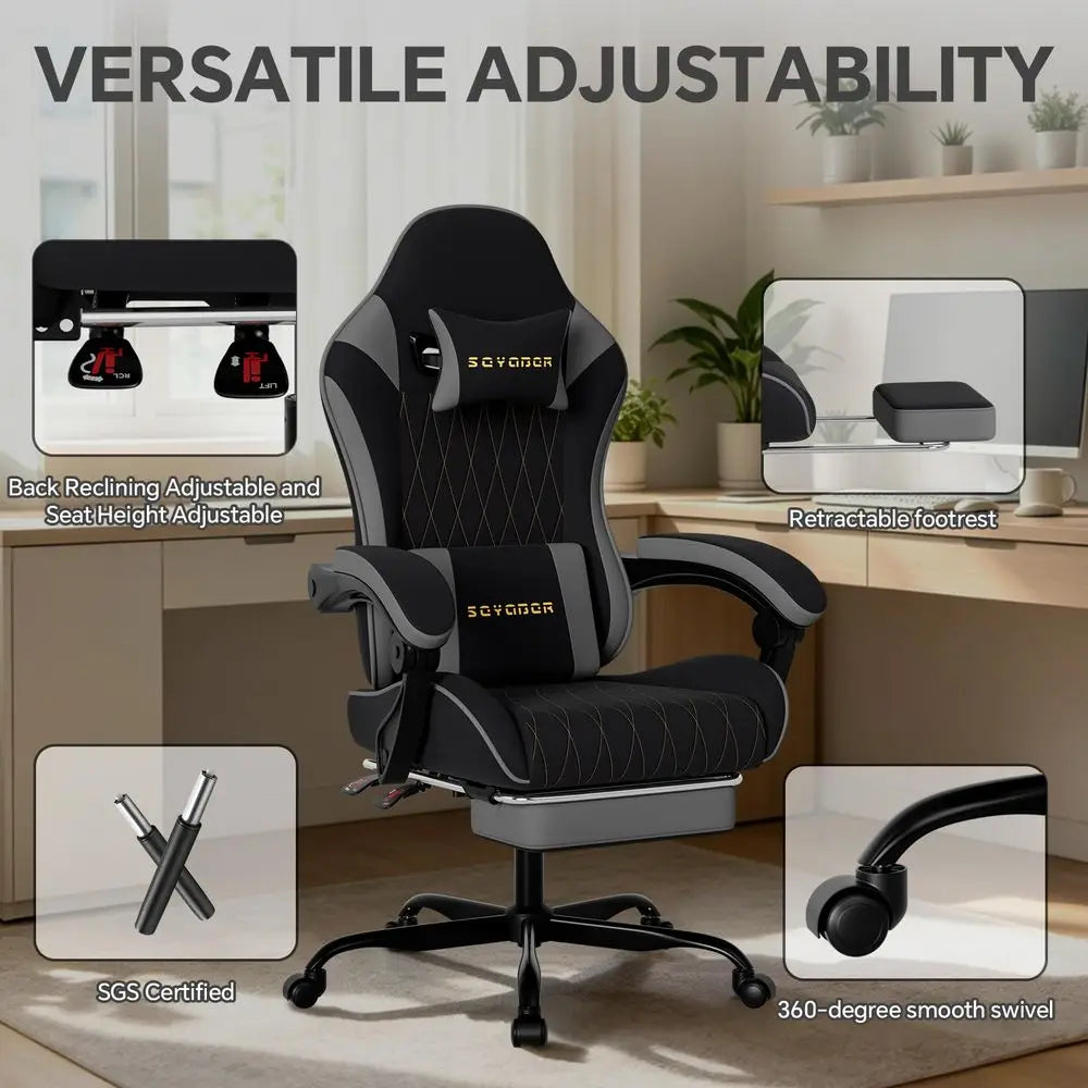 Fabric Gaming Chair with Footrest, Gold Diamond Stitching, Height Adjustable