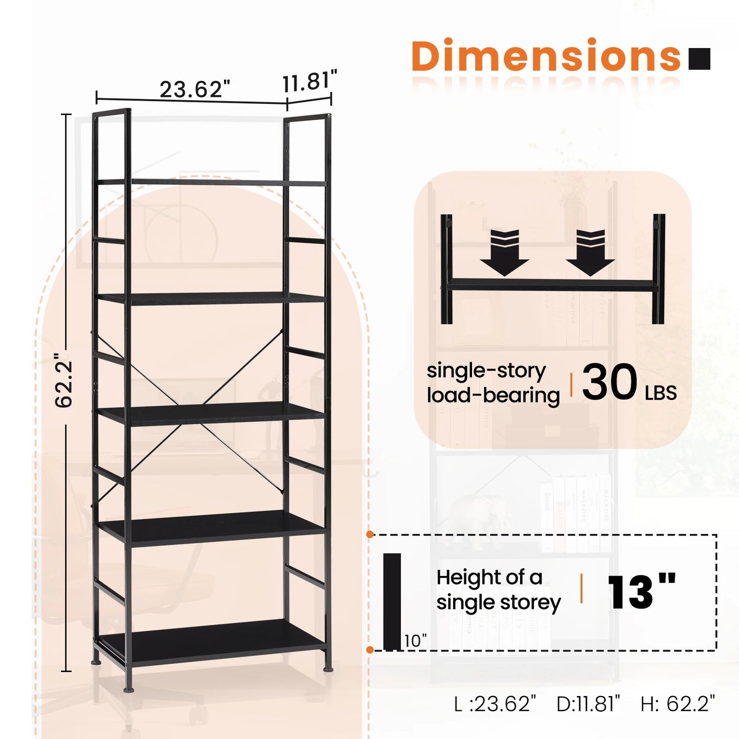 JHK 5 Tier Bookcase Bookshelf Modern Book Case