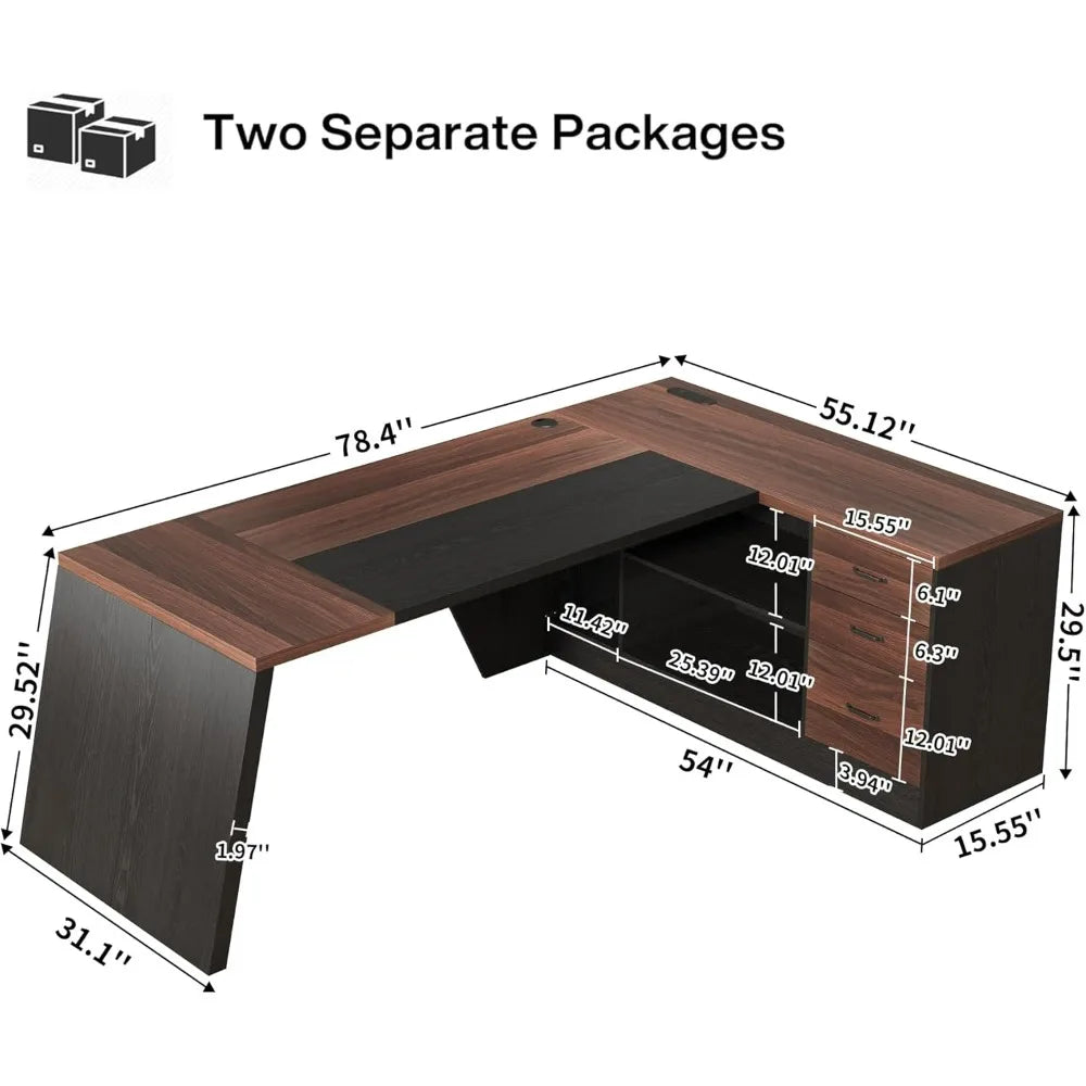 L-Shaped Executive Desk with Power Outlet, 78-Inch