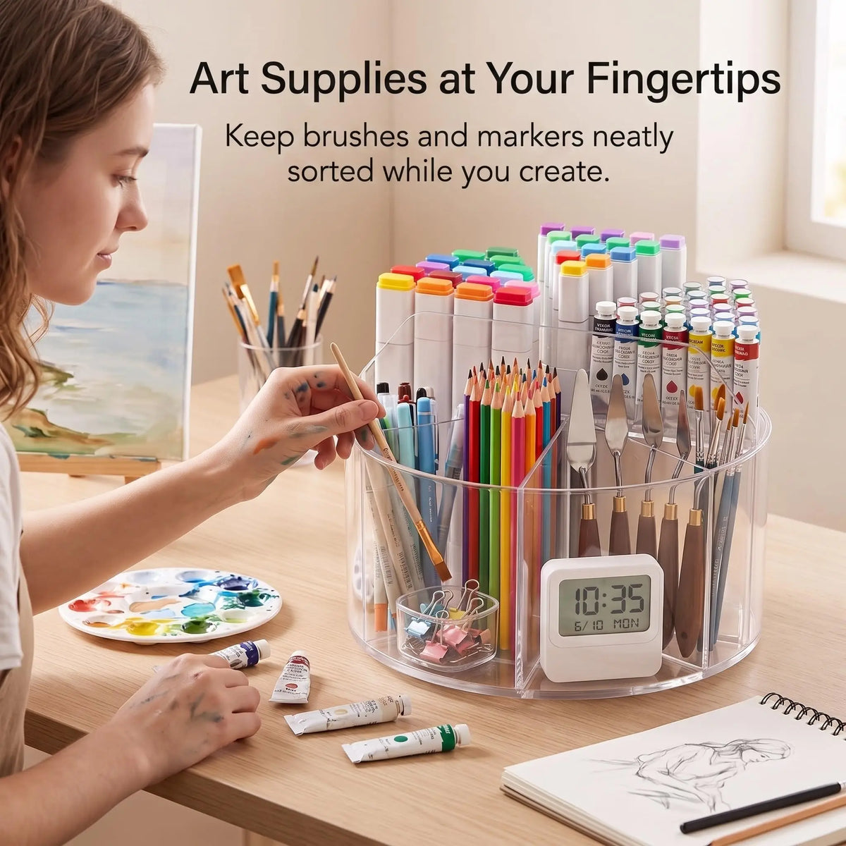 Spinning Acrylic Desk Pen Holder 360 Degree With 6 Compartments And Handle