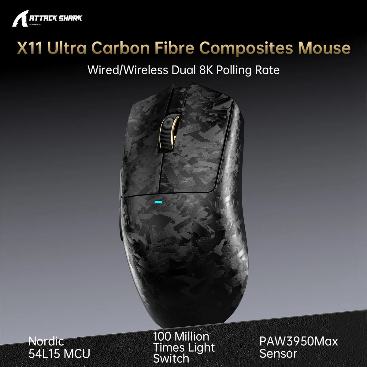 ATTACK SHARK X11 ULTRA Carbon Fiber Wireless 8K PAW3950MAX Gaming Mouse
