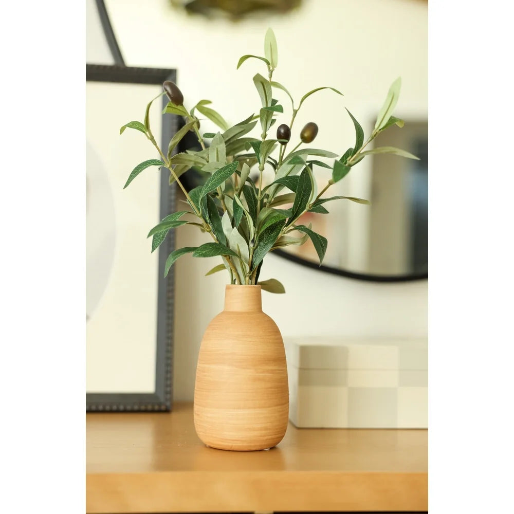 15 Inch Artificial Olive Plant in Wood Finish Ceramic Vase