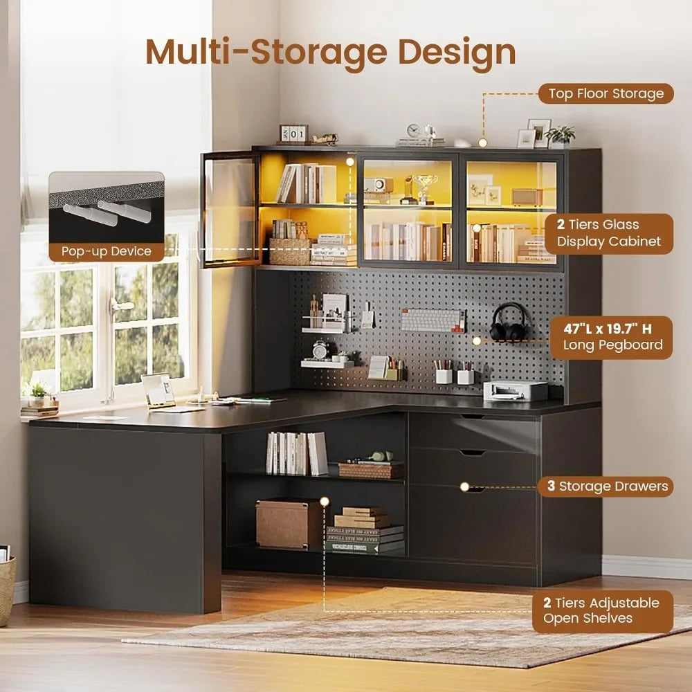 L Shaped Corner Gaming Desk with 3 Wood Drawer and Large Bookshelf