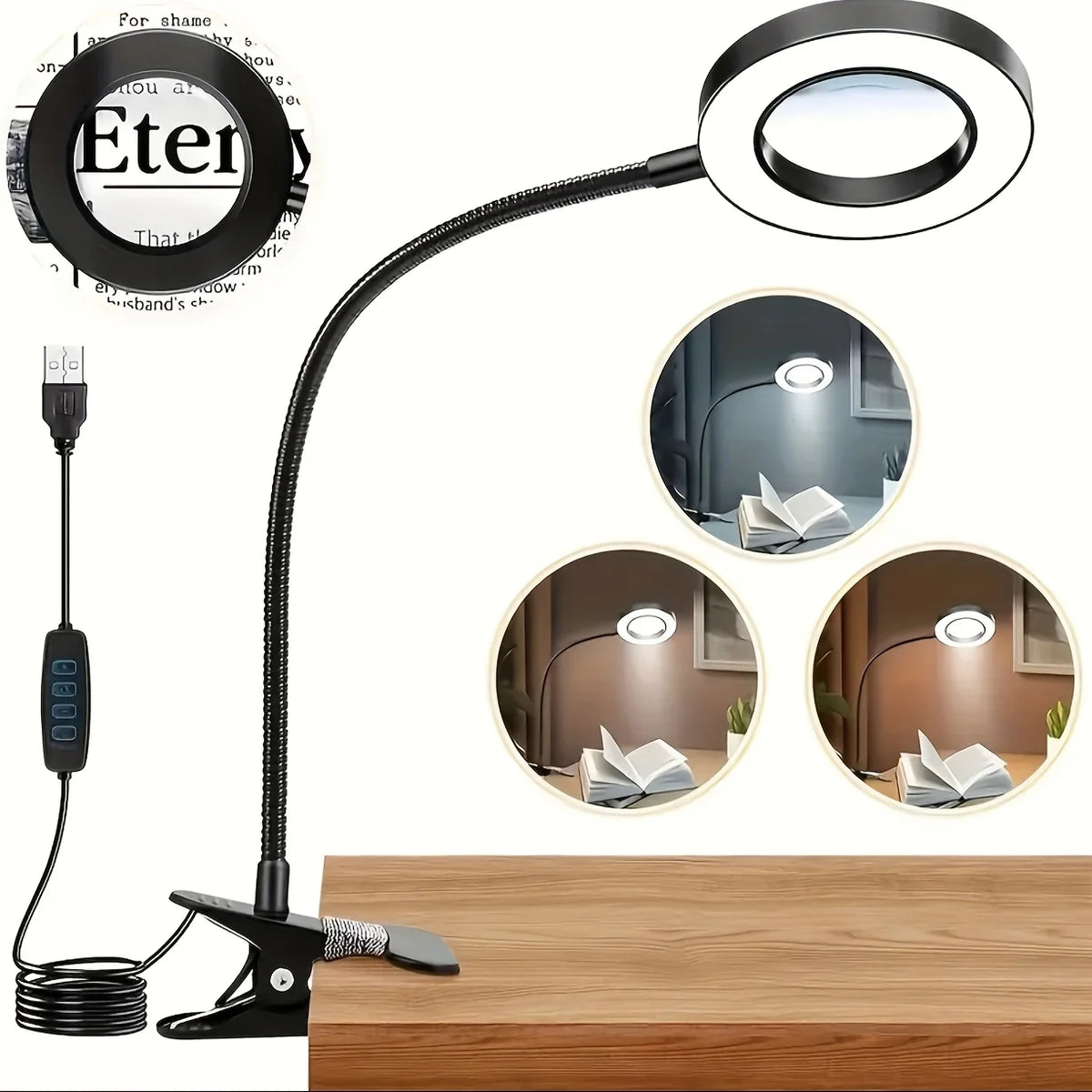 LED Clip-On Magnifying Desk Lamp 5X Magnifier USB Powered 3 Colors 10 Levels