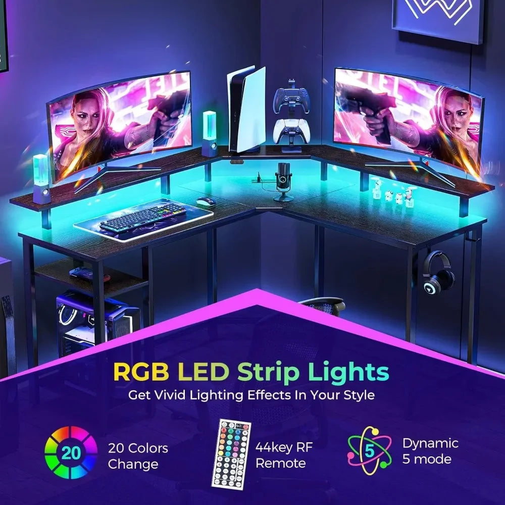 HOT-L Shaped Gaming Desk With LED Lights & Power Outlets, 46.2"