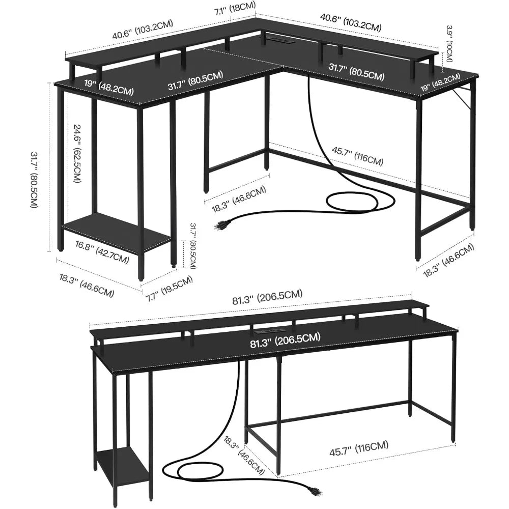 Panana 53.5" L Shaped Computer Desk with LED Lights and Power Outlets