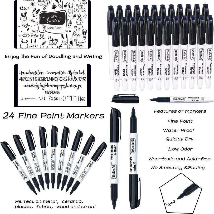 Shuttle Art 24 Black Permanent Markers Fine Tip Markers