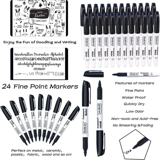 Shuttle Art 24 Black Permanent Markers Fine Tip Markers