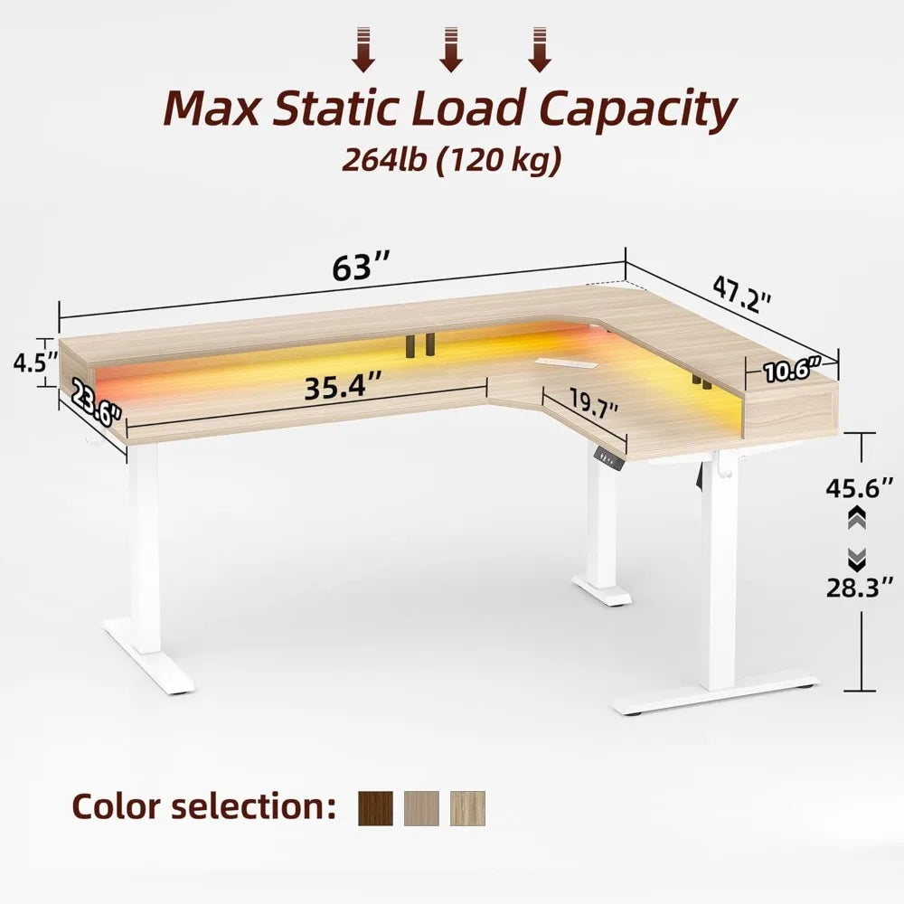 63'' L-Shaped Standing Desk with LED Light Strip and Power Outlet