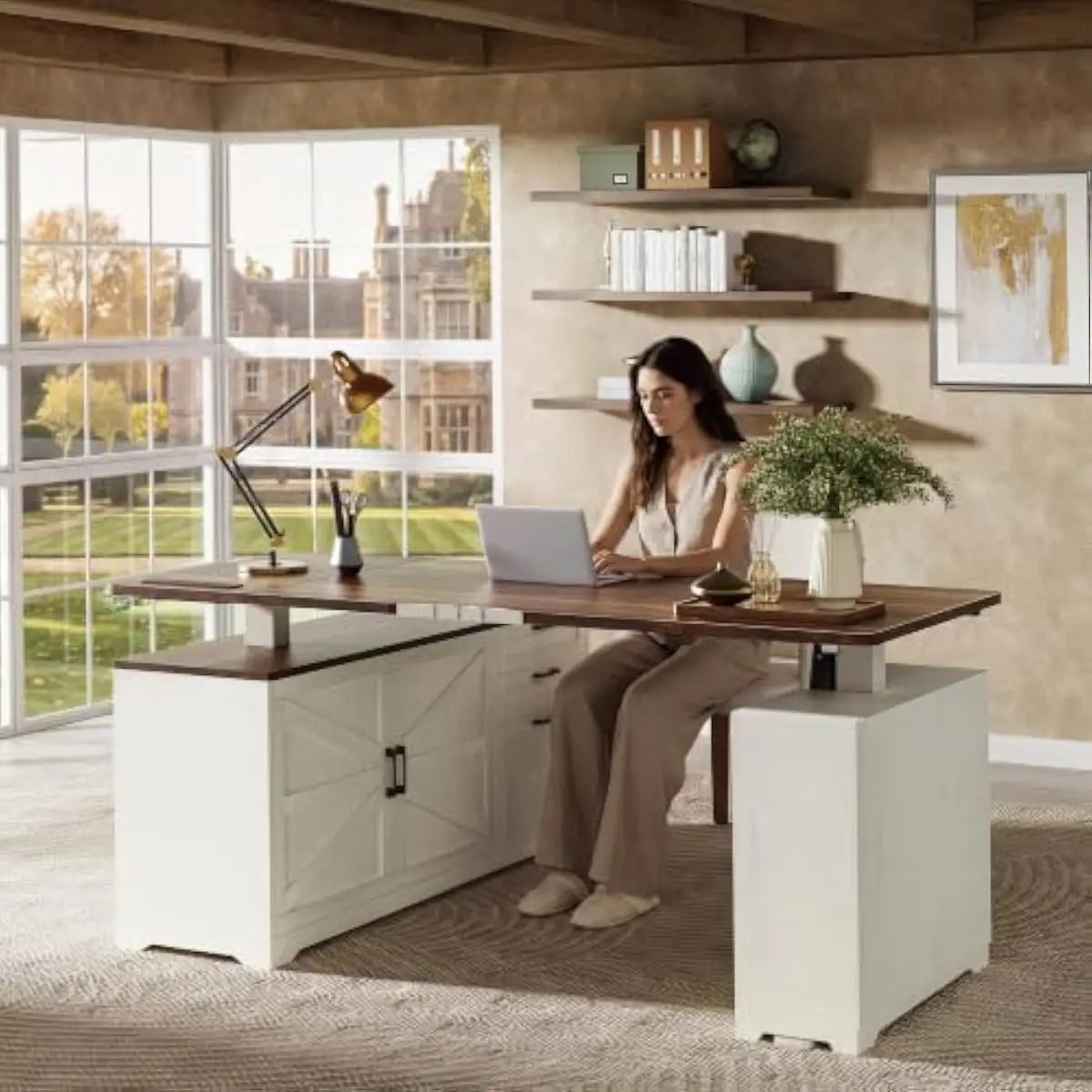 L Shaped Electric Standing Desk 55 Inch Farmhouse Style Adjustable Height